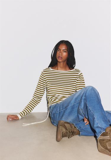 Striped side gathered jumper — Khaki 6