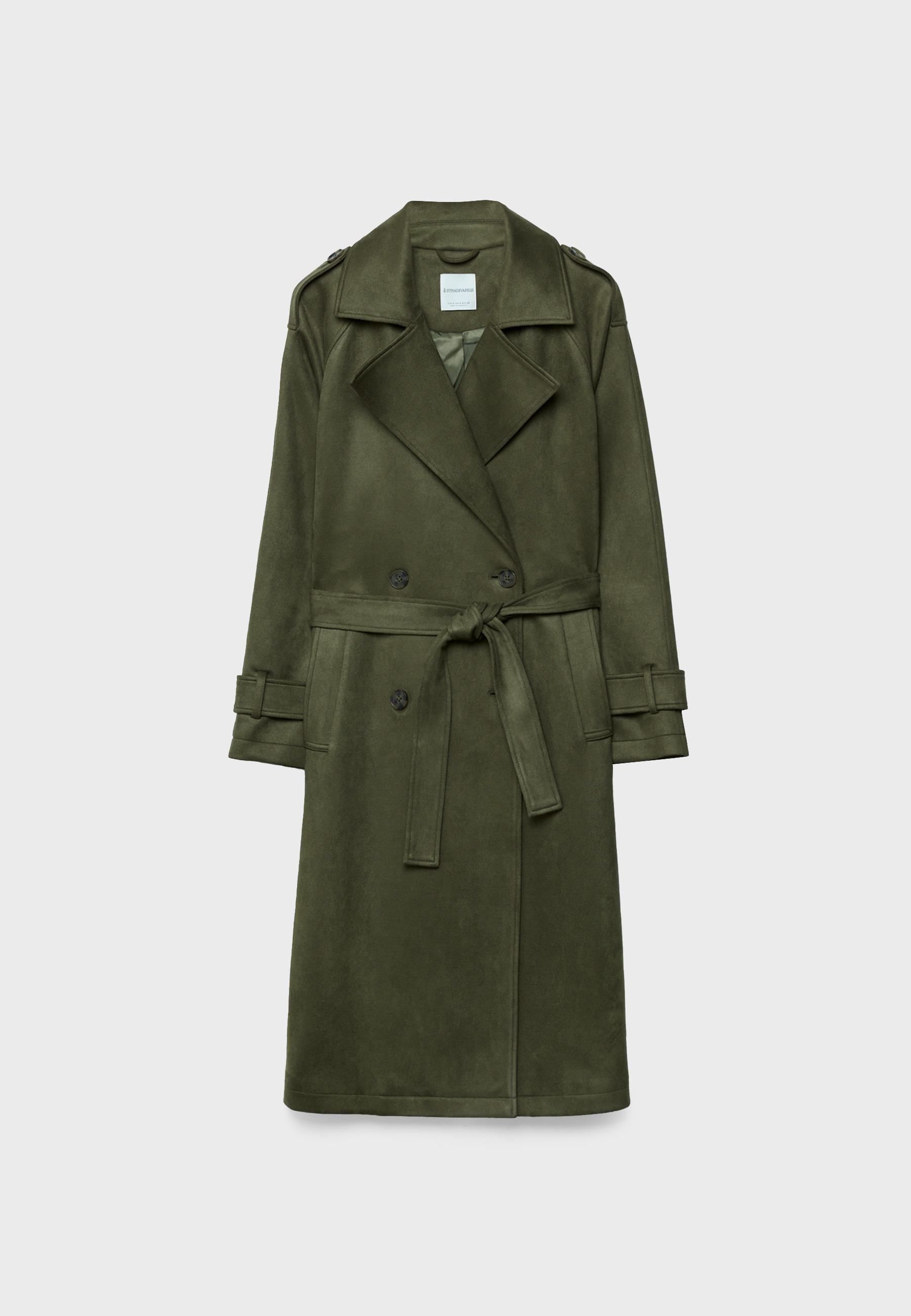 Long faux suede trench coat — Olive green