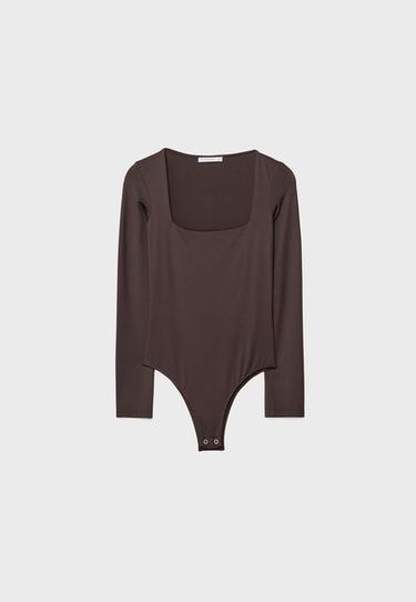 Long sleeve square neckline bodysuit — Brown 7
