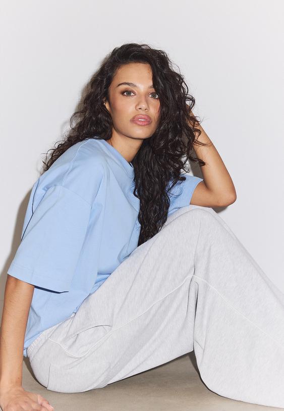 Stradivarius Wide-Leg Plush Trousers With Trim Detail Grey Melange M