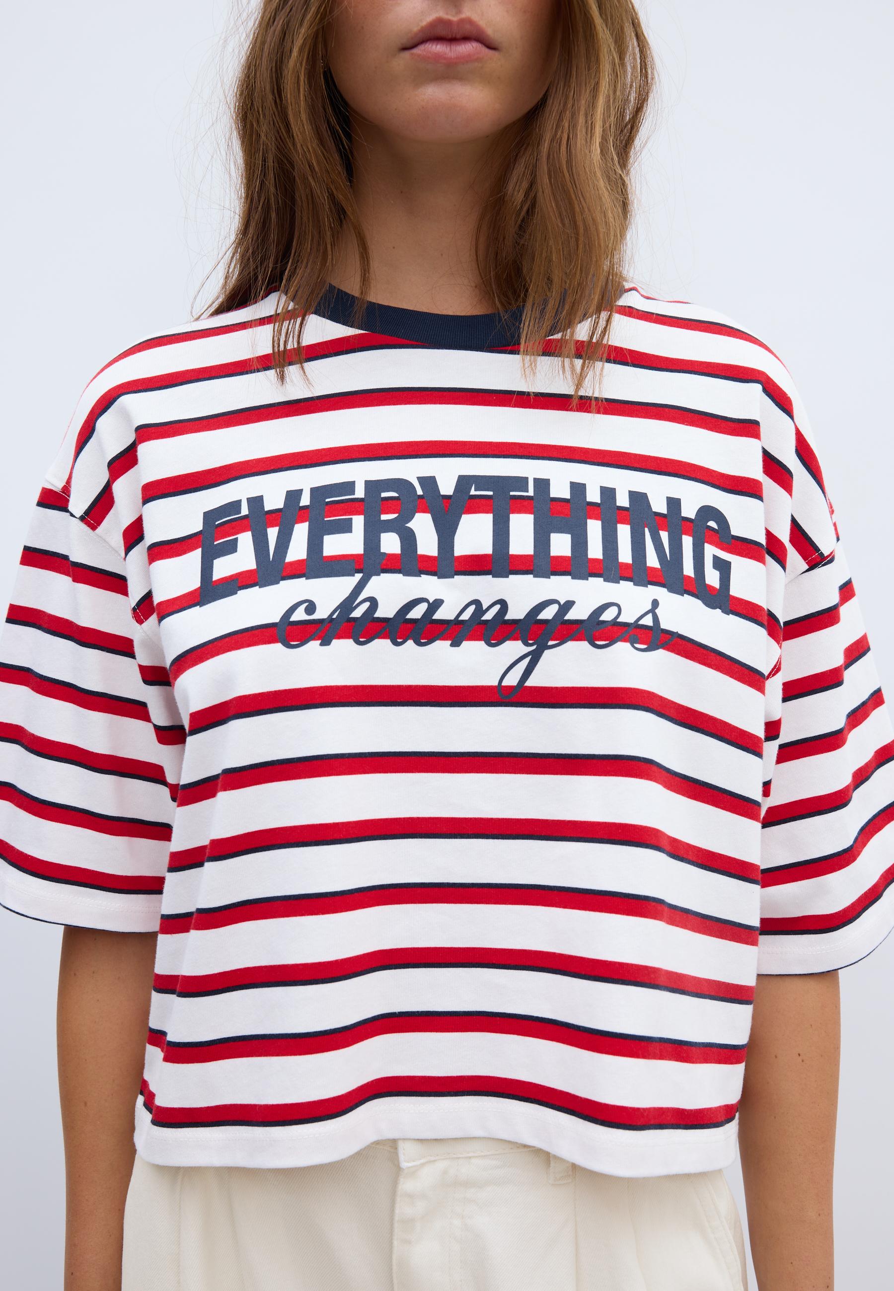 Printed striped short sleeve T-shirt — Red