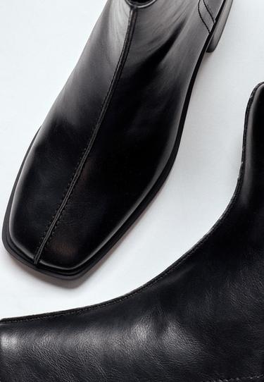 Flat leather effect ankle boots — BLACK  1