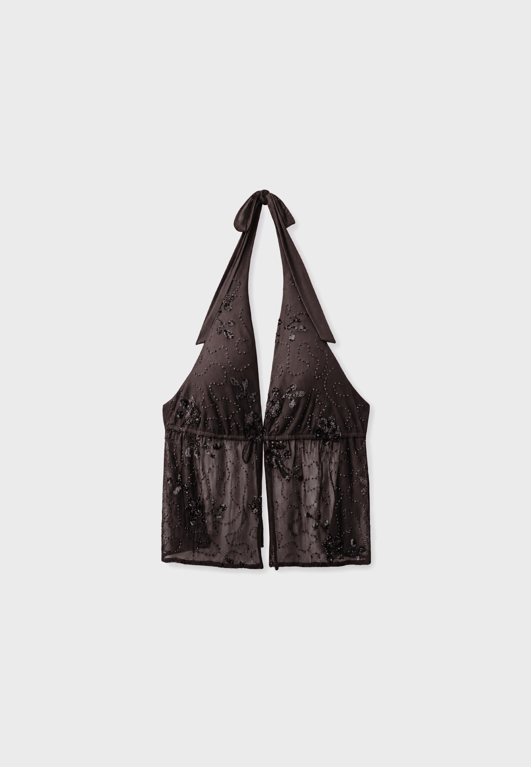 Embroidered halter top with rhinestones — Brown