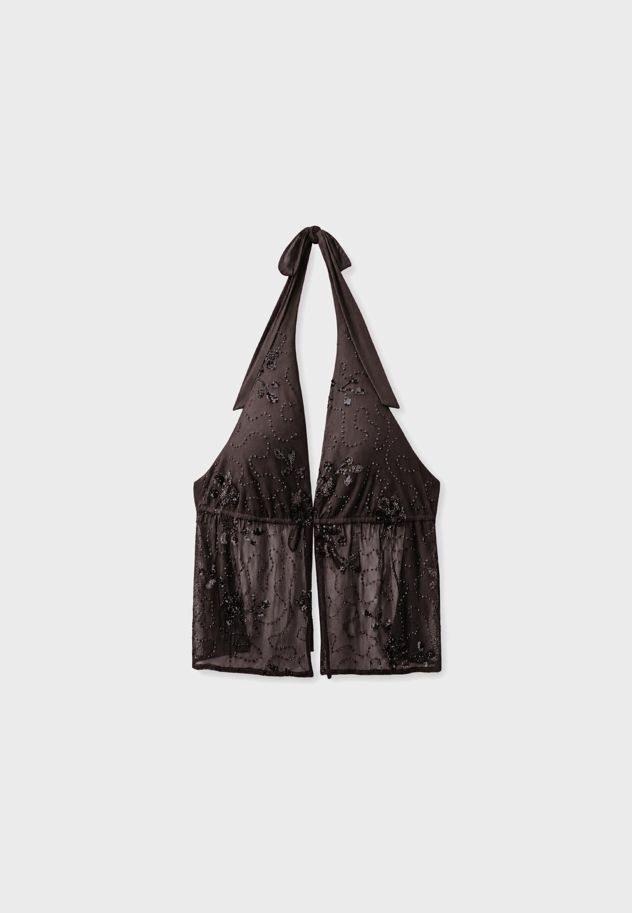 Rhinestone embroidered halter top — Brown