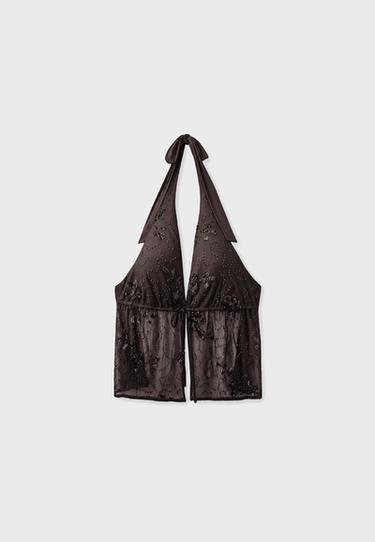 Rhinestone embroidered halter top — Brown 7