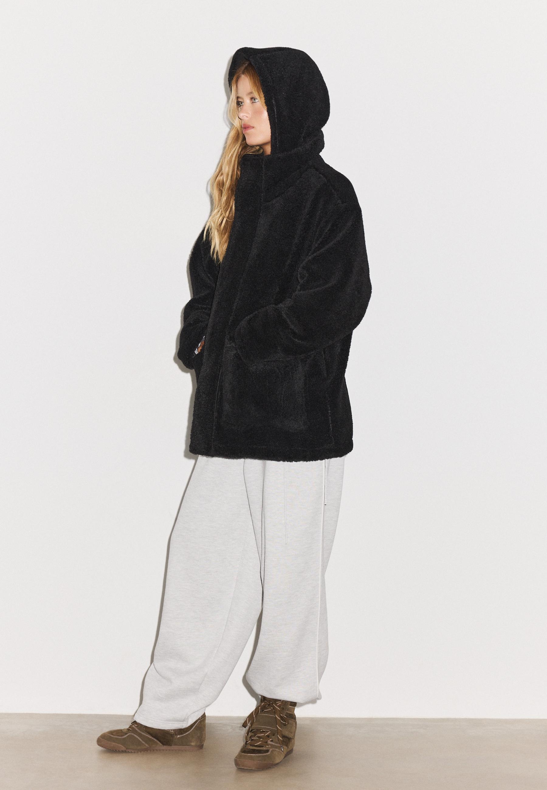 Faux sheepskin-effect hooded coat — Dark grey