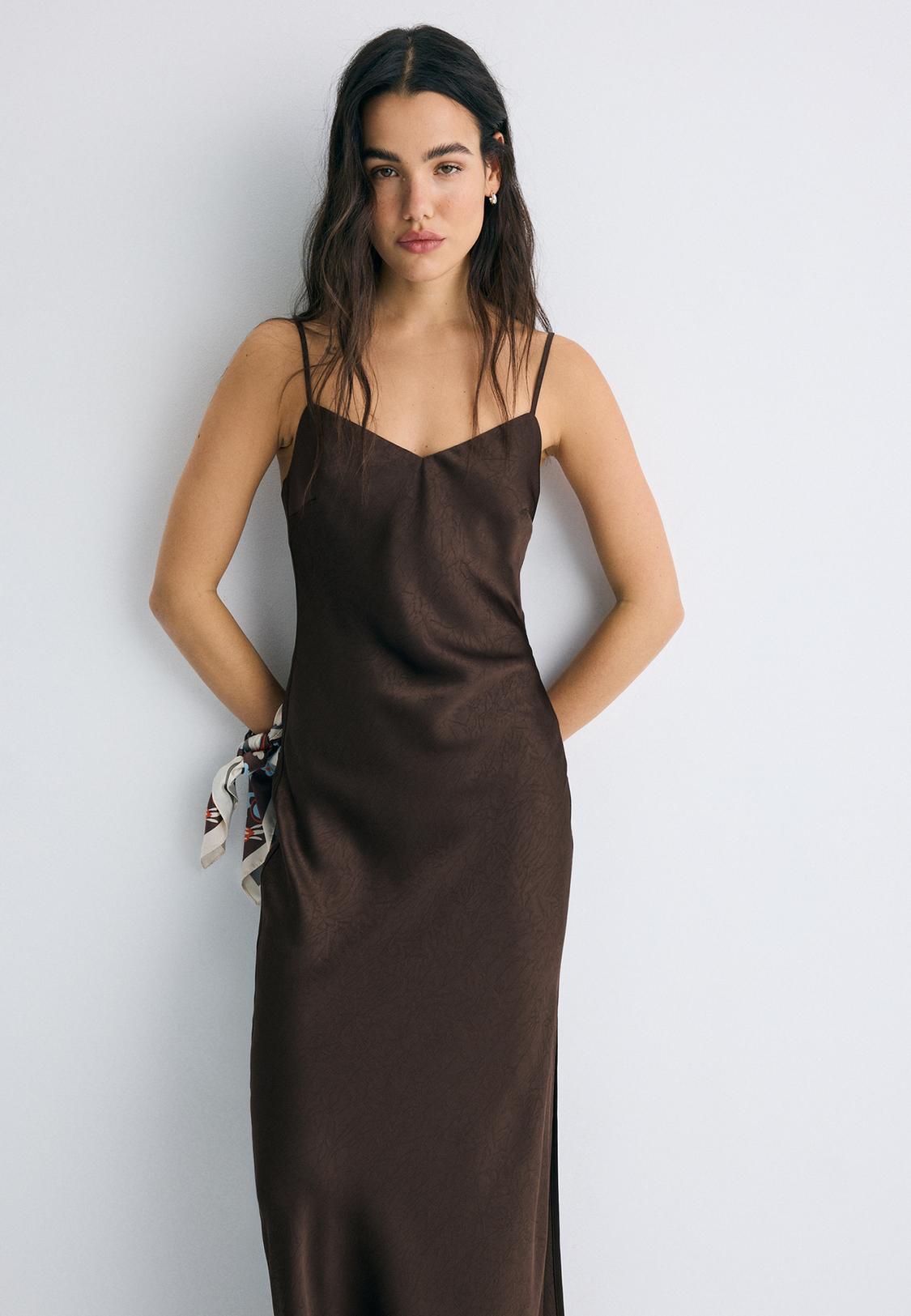 blue dress for baby girl Sana Brown Satin Sleeveless Midi Dress main image 1