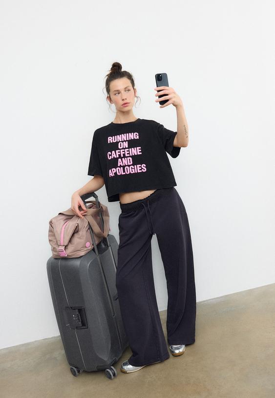 Stradivarius Cropped Caffeine T-Shirt Black Xl