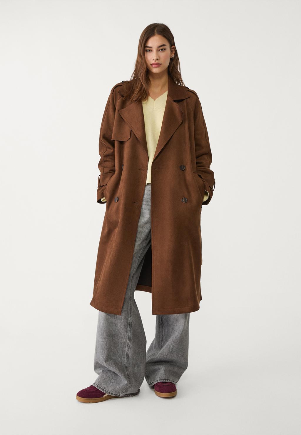 Long faux suede trench coat