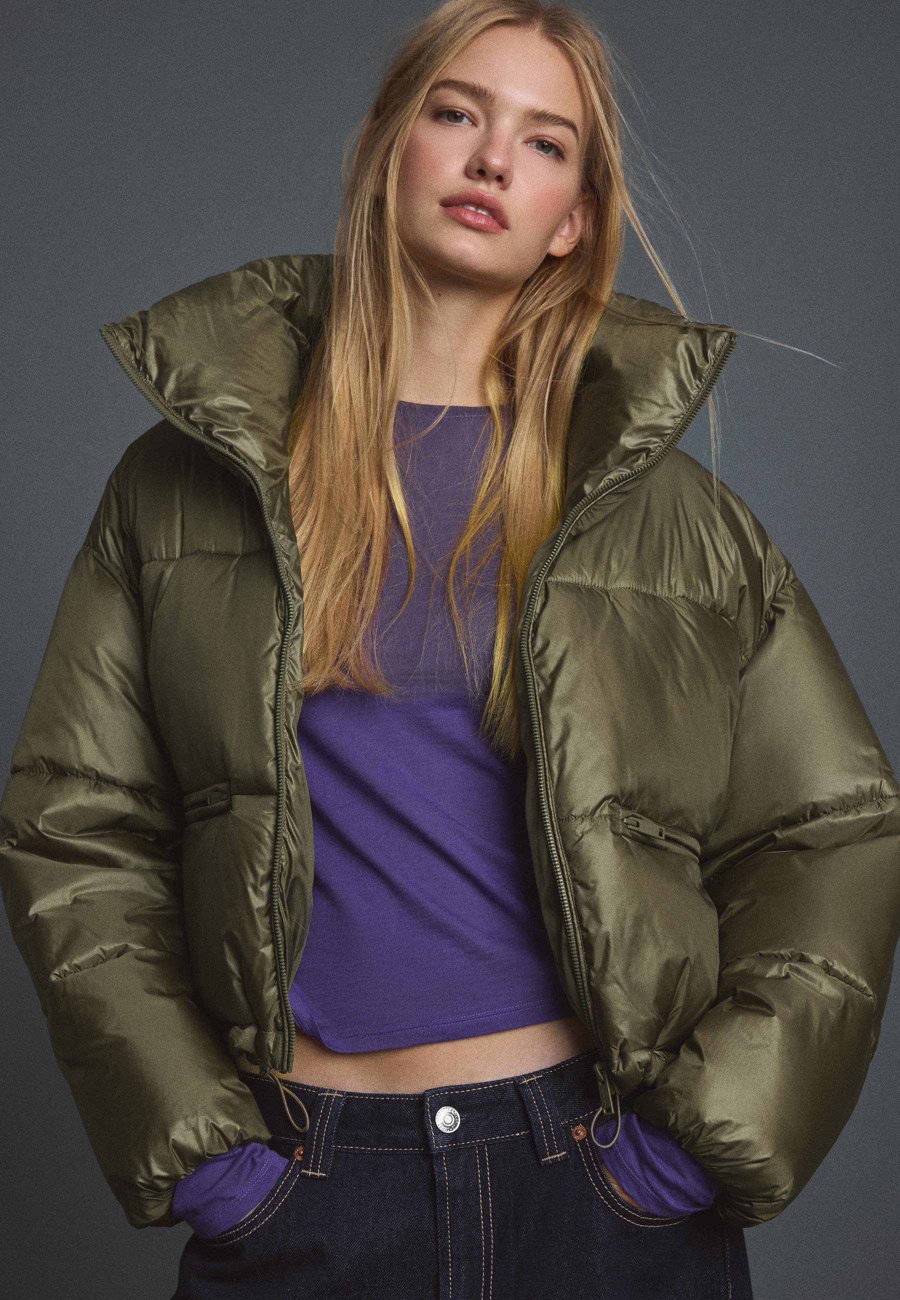 Shiny suede cropped jacket with high neck - Women's fashion