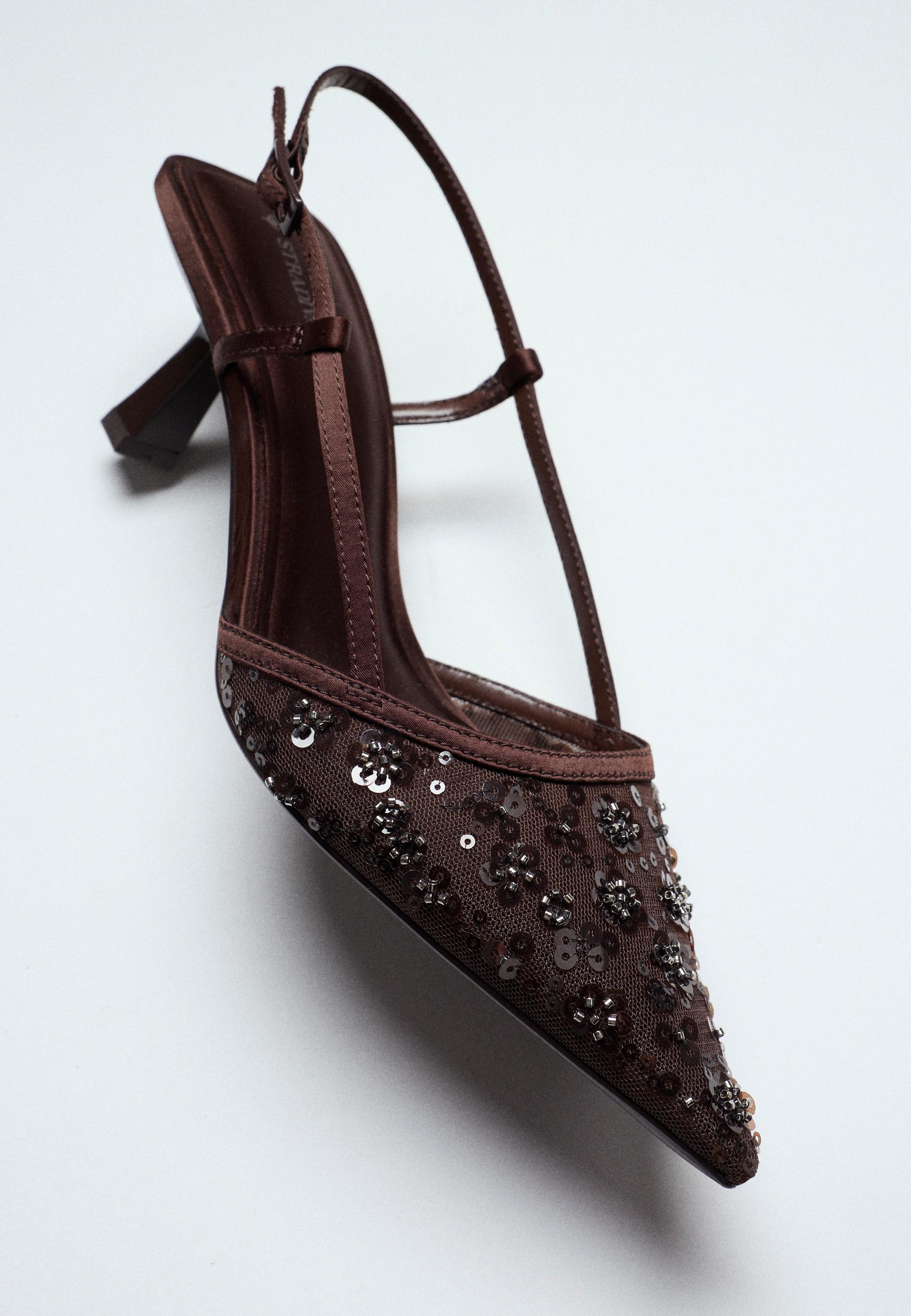 Mesh rhinestone kitten heel shoes — BROWN
