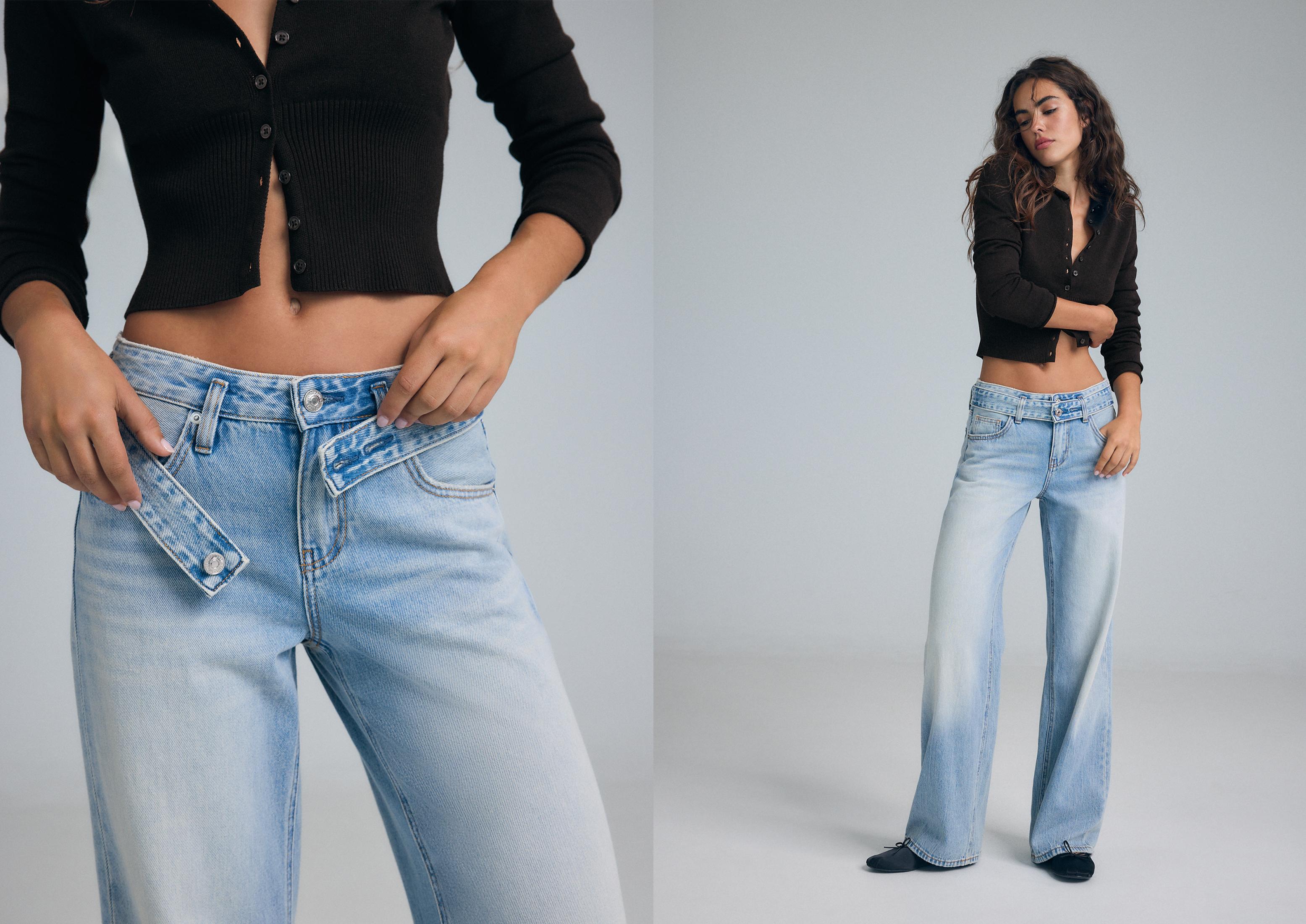 Double-waist wide-leg jeans — MEDIUM LIGHT BLUE DENIM