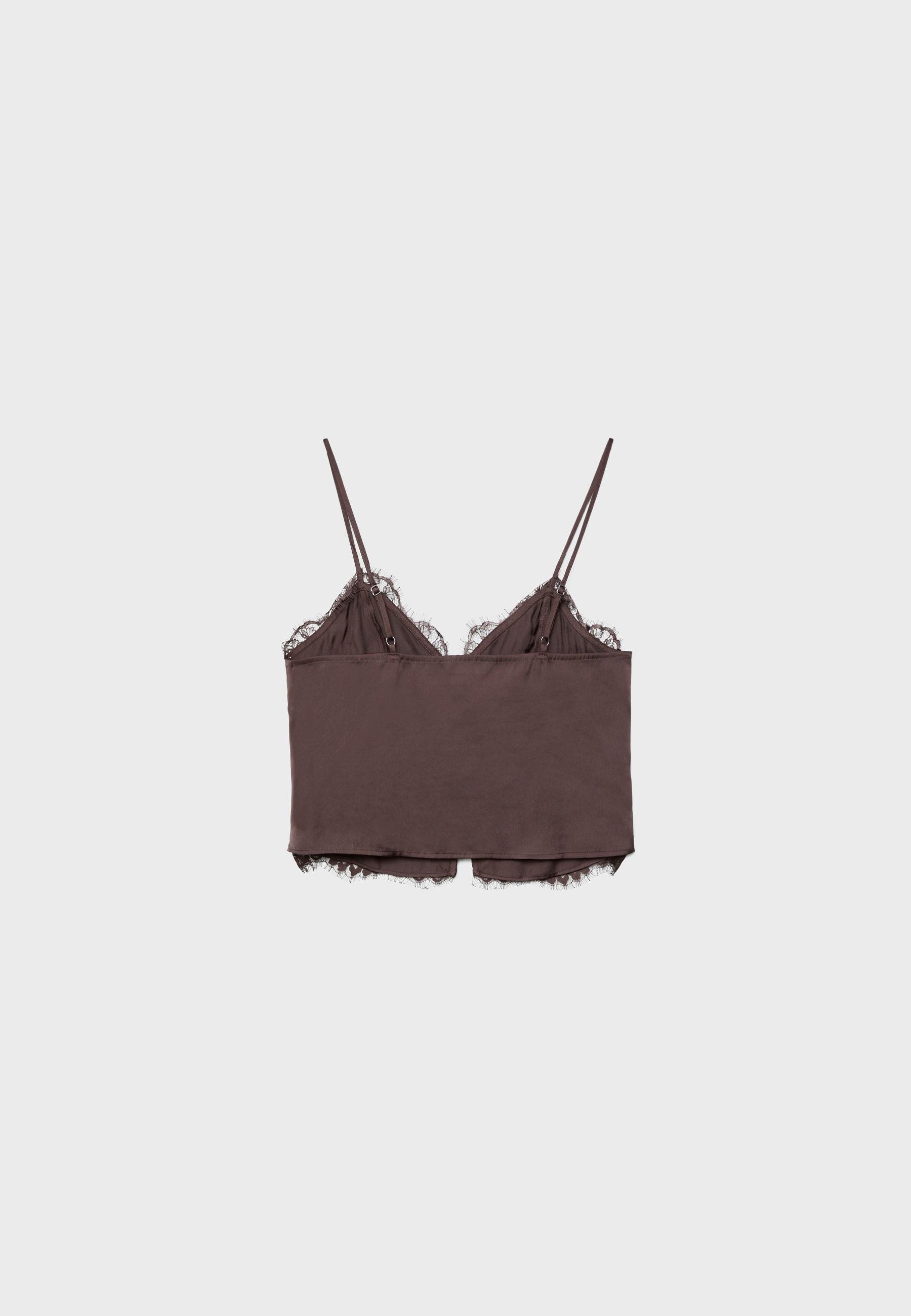 Strappy satin lace top — Brown
