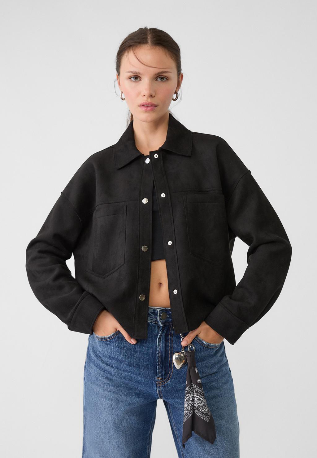 Cropped faux suede overshirt