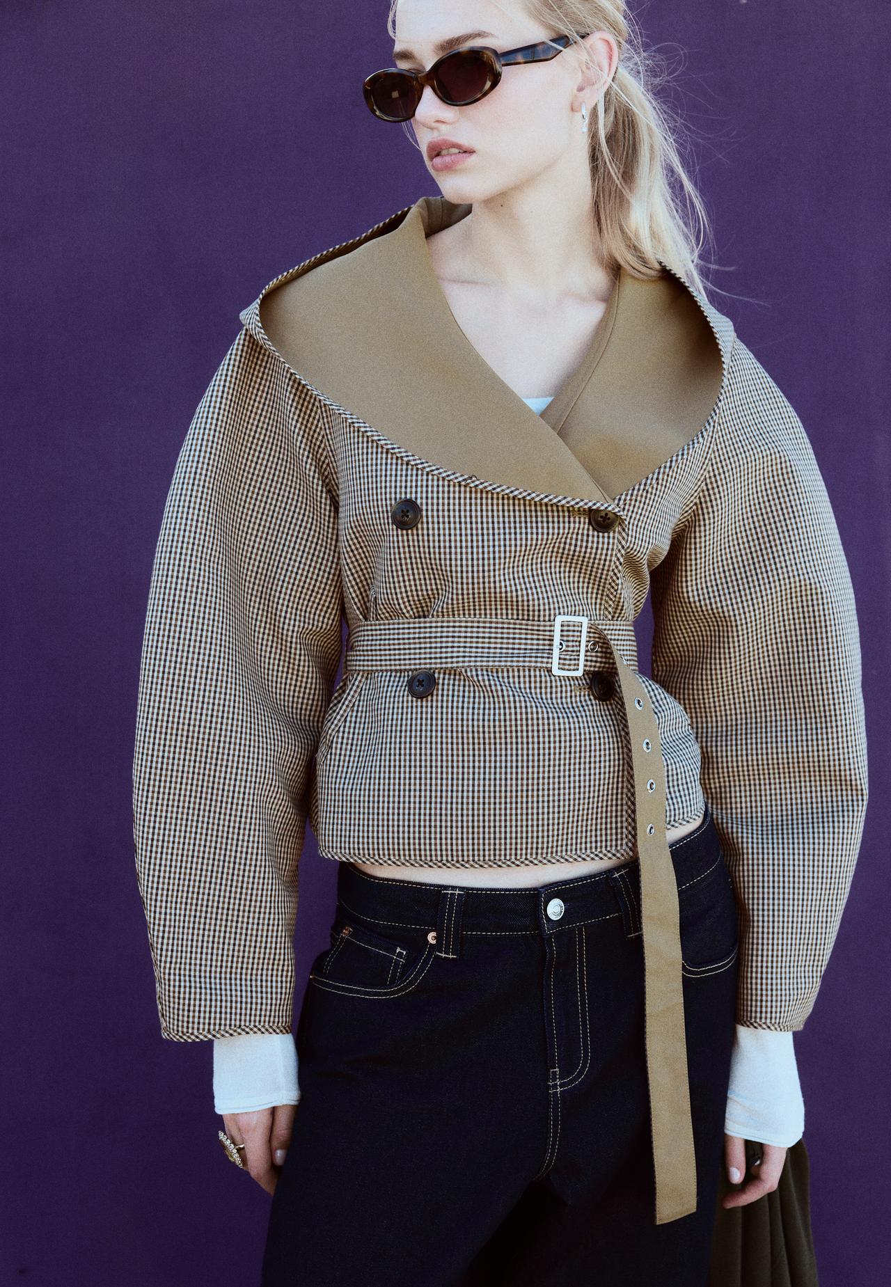 Short reversible check trench coat — Khaki