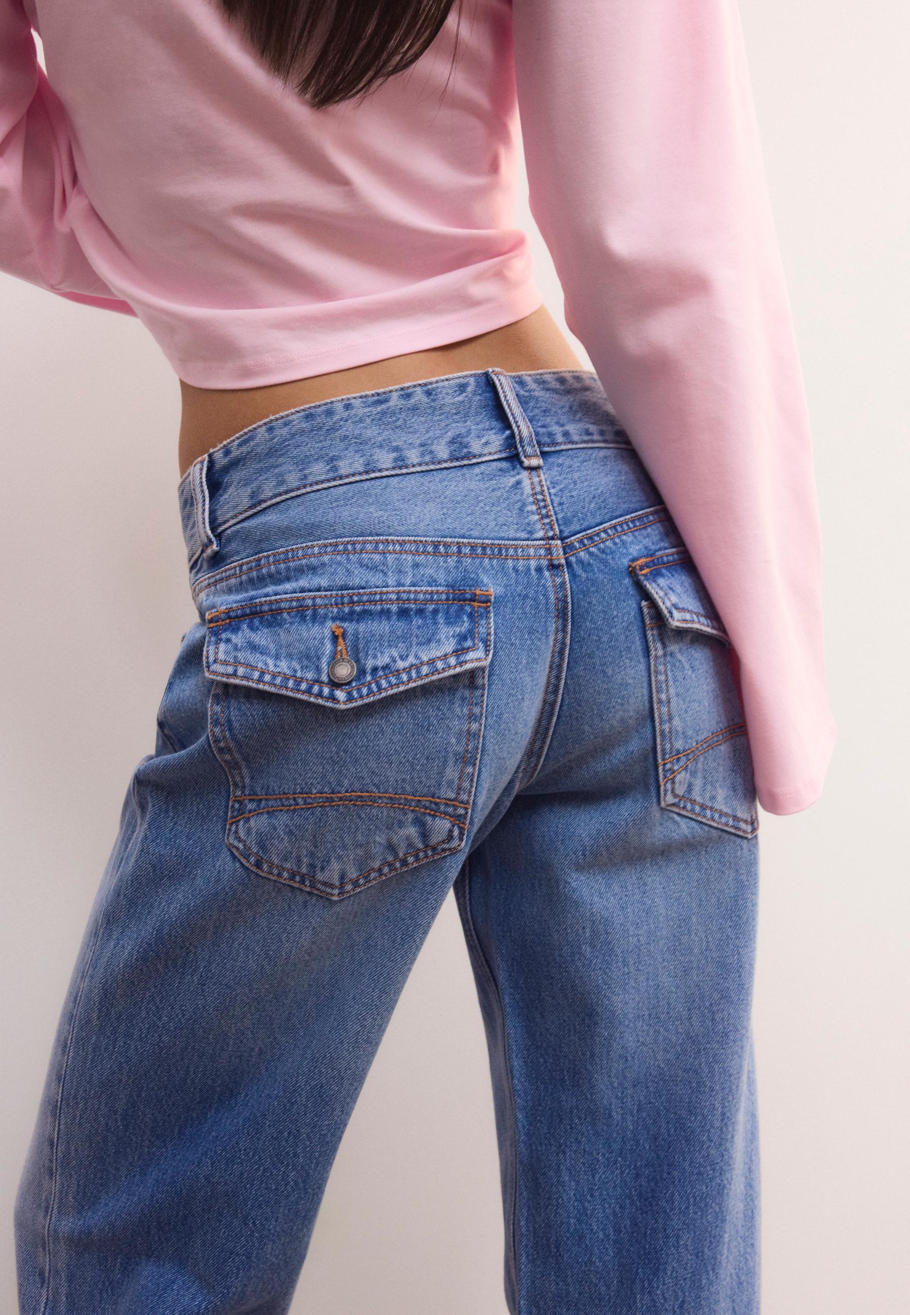 Double metal button straight-leg jeans — MEDIUM LIGHT BLUE DENIM