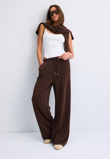 Soft-touch palazzo jogger trousers — Brown 1