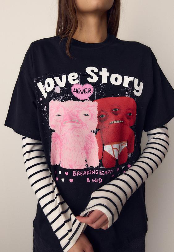 Stradivarius Oversize Printed T-Shirt Black M