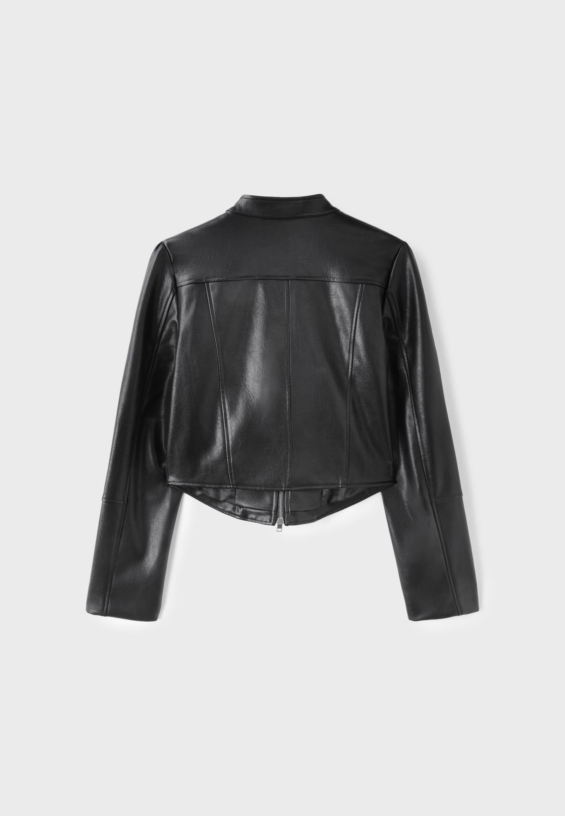Cropped leather effect biker jacket — Black