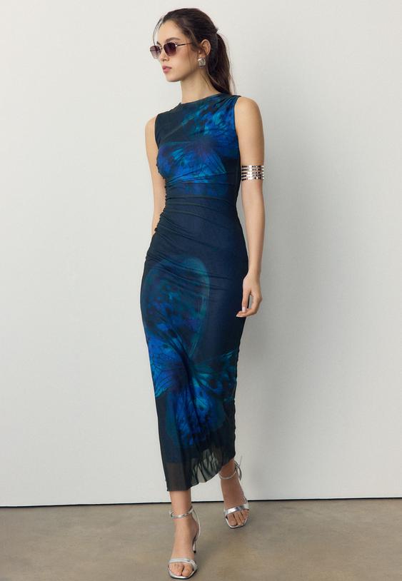 vestido midi estampado de tule