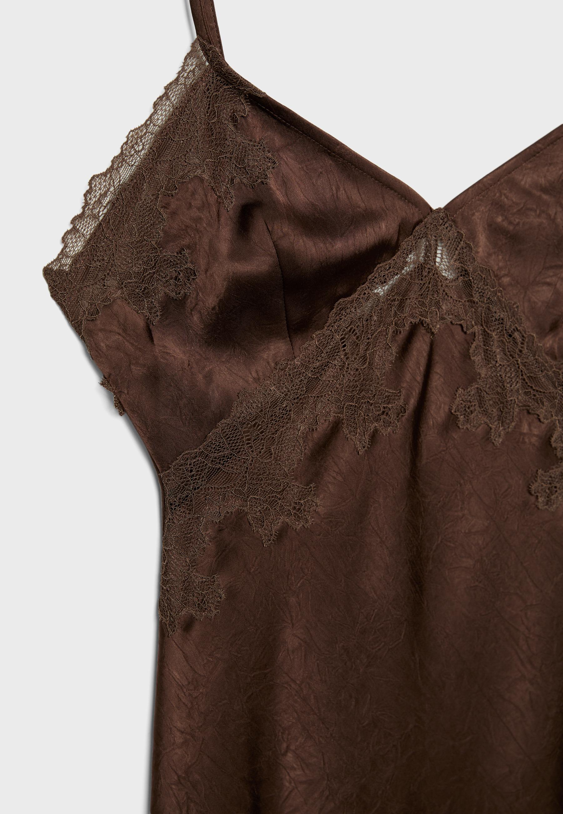 Short asymmetric satin dress — Brown