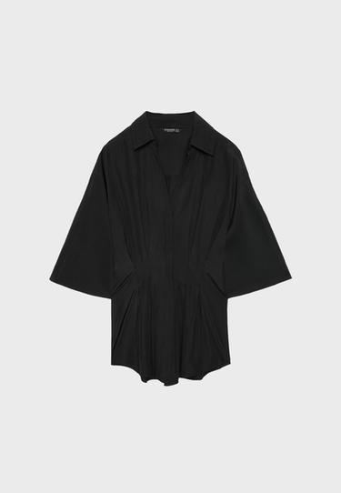 Fitted kimono sleeve shirt with pleats — Black 7