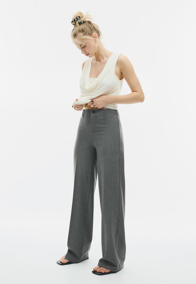 Stradivarius Pantaloni Largi Gri Închis 42