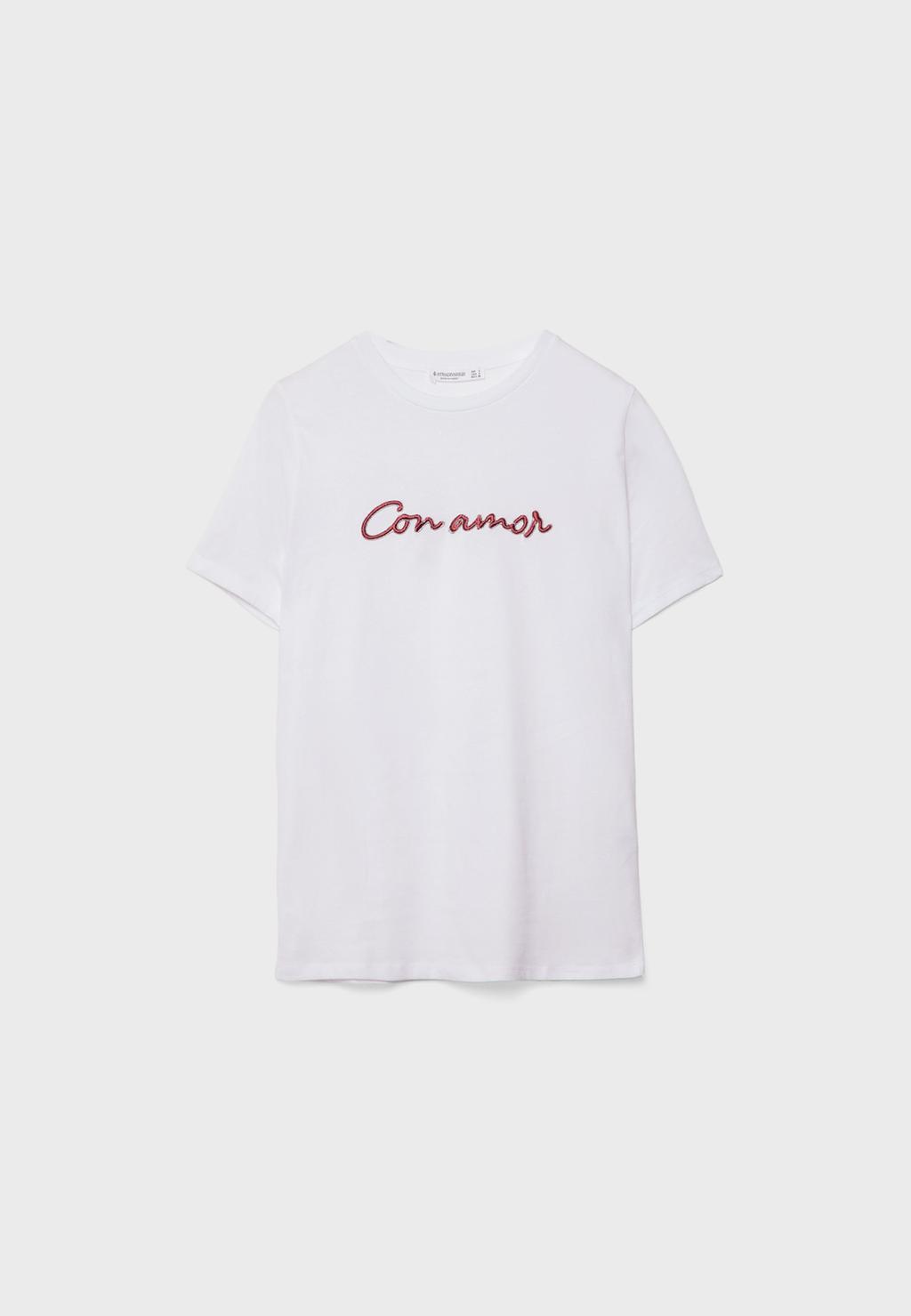 Embroidered T-shirt with rhinestones