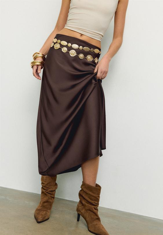 Stradivarius Satin Midi Skirt Brown M