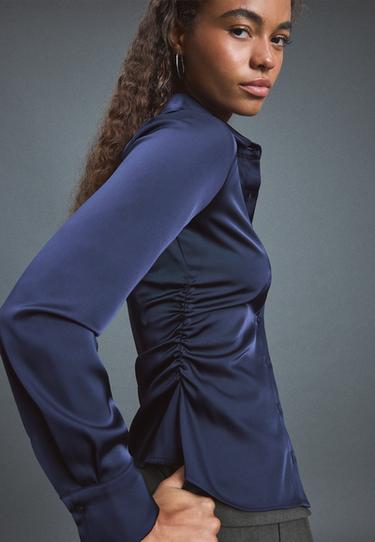 Gathered sateen shirt — Navy blue 4