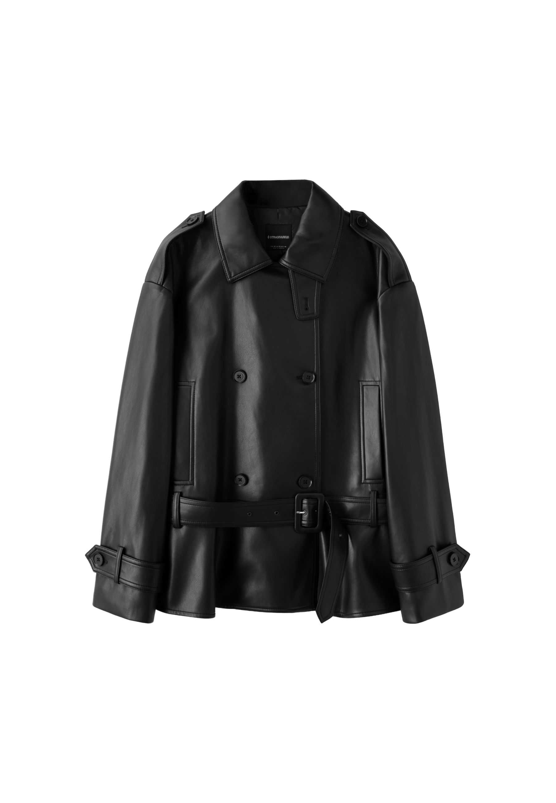 Fitted leather effect trench coat — Black