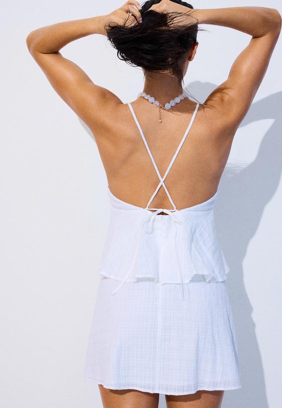 Stradivarius Ruffled Short Strappy Dress Ecru M