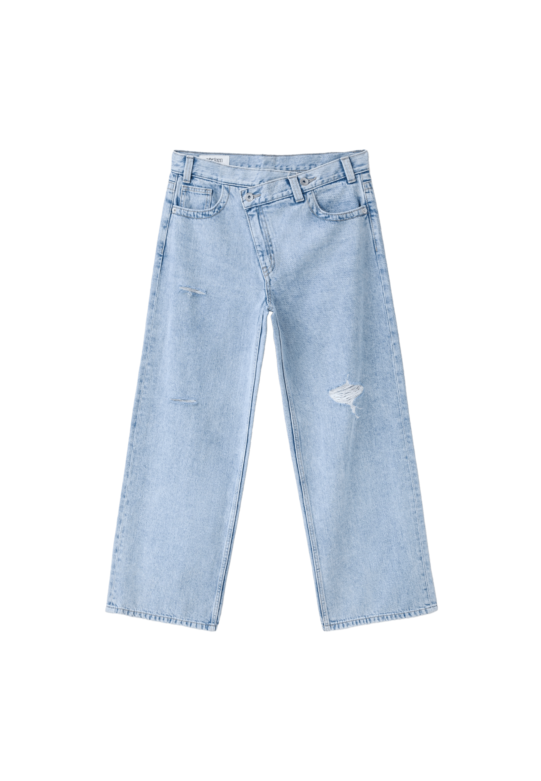 Cross-over waist wide-leg jeans — MEDIUM LIGHT BLUE DENIM