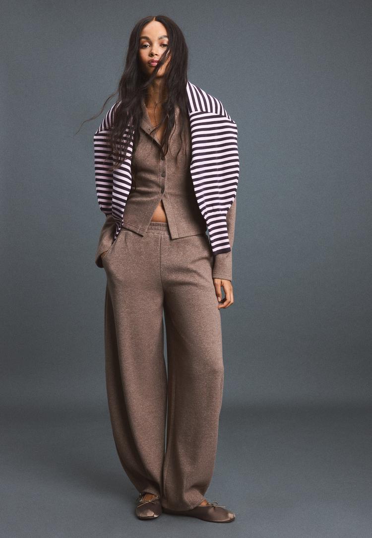 Stradivarius Cardigan Din Tricot Cu Guler Cu Bandă Maro Xl