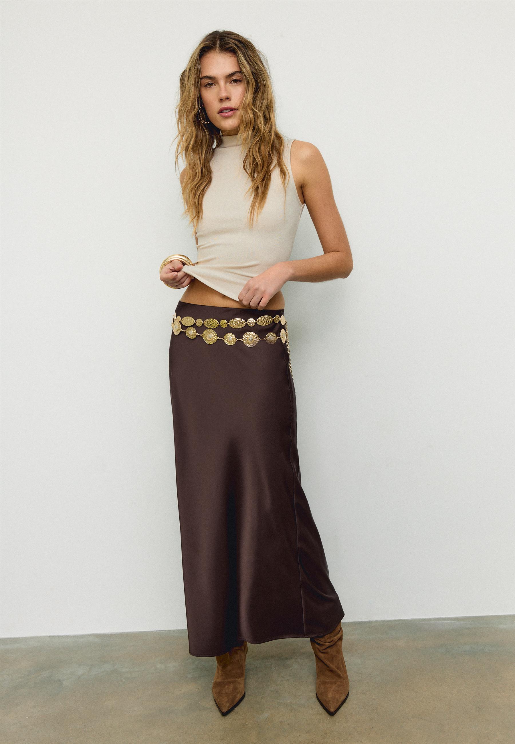 Satin midi skirt — Brown