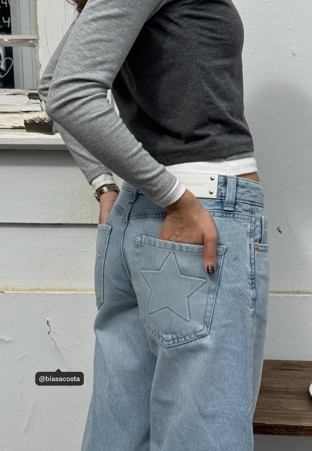 Yıldız detaylı düşük bel geniş paça jean - Görsel 7