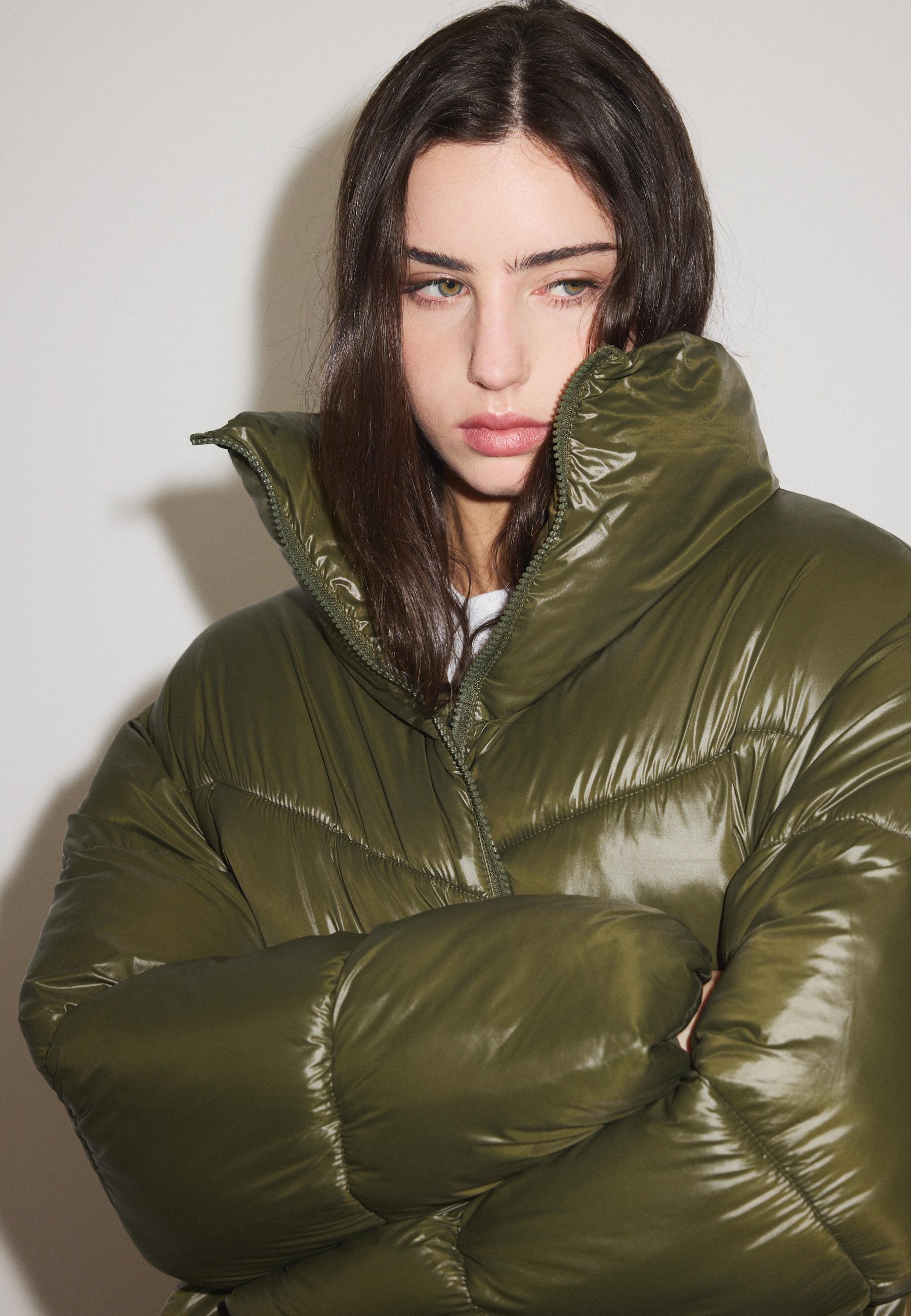 High-neck cropped puffer jacket — Khaki