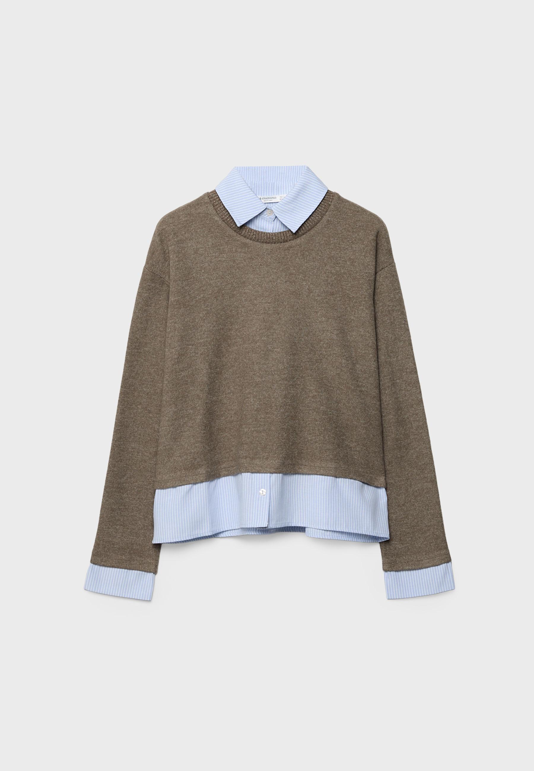 Bi-material knit T-shirt — Brown