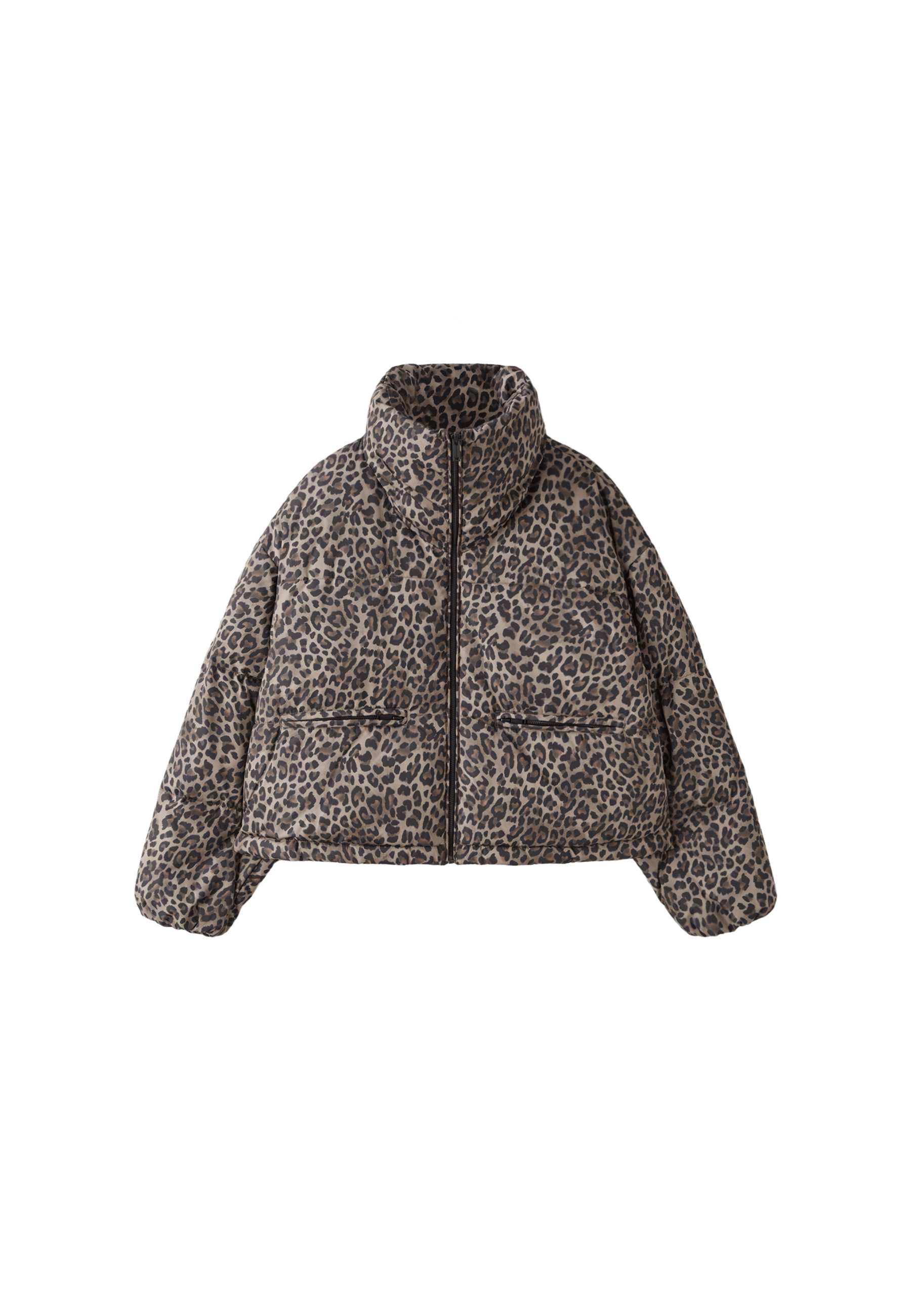 Animal print high-neck padded cropped jacket — Mid beige