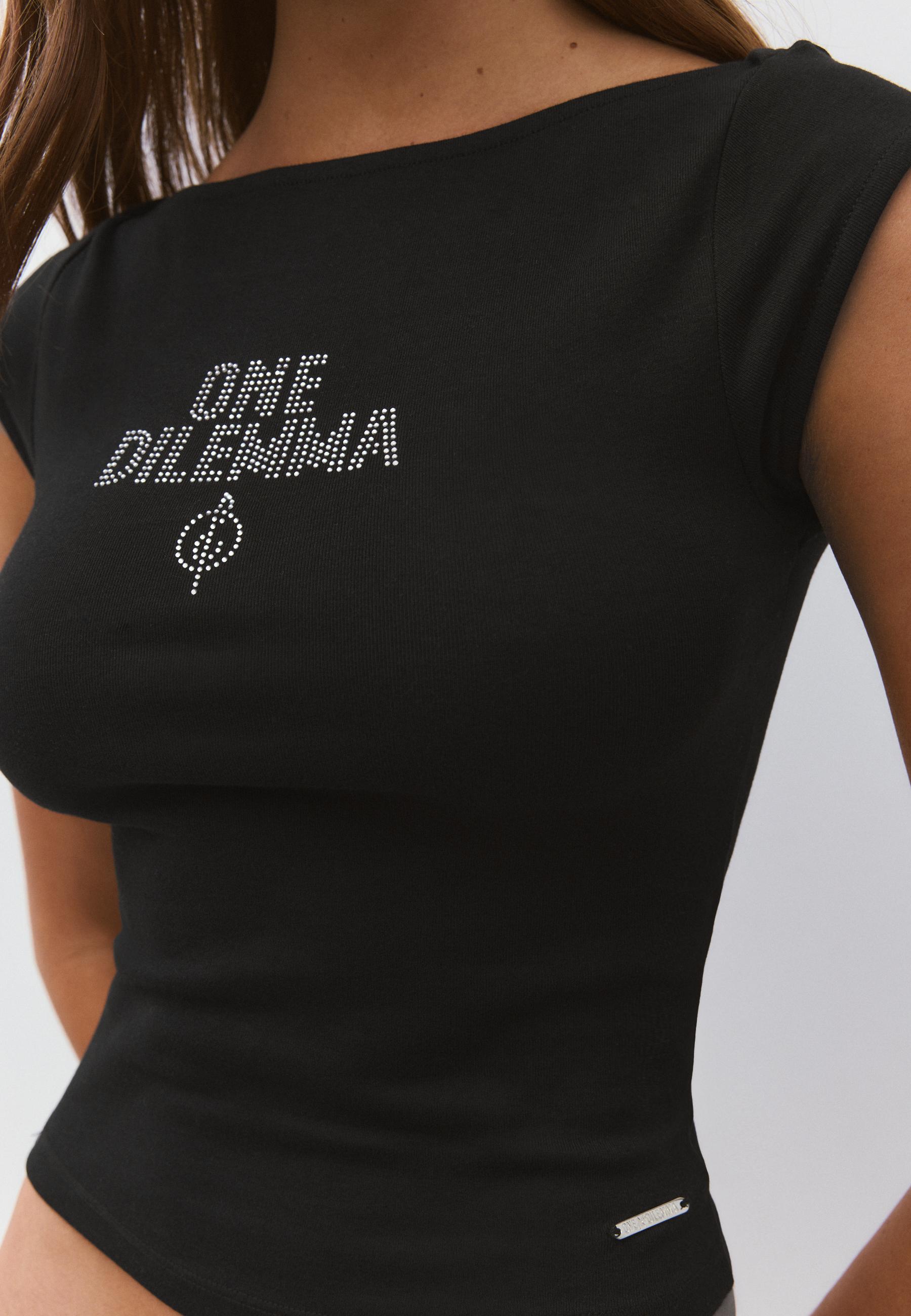 Boat neck short sleeve T-shirt with rhinestones One Dilemma — Black