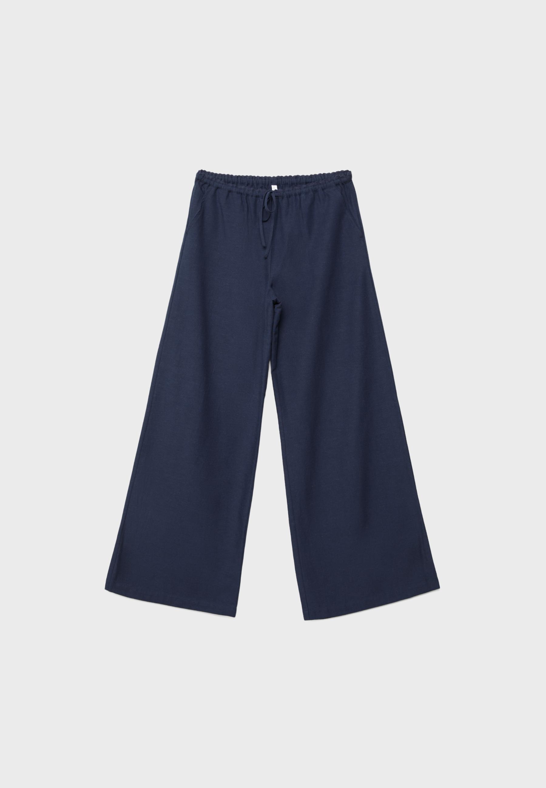 Wide-leg linen-effect trousers — Dark blue