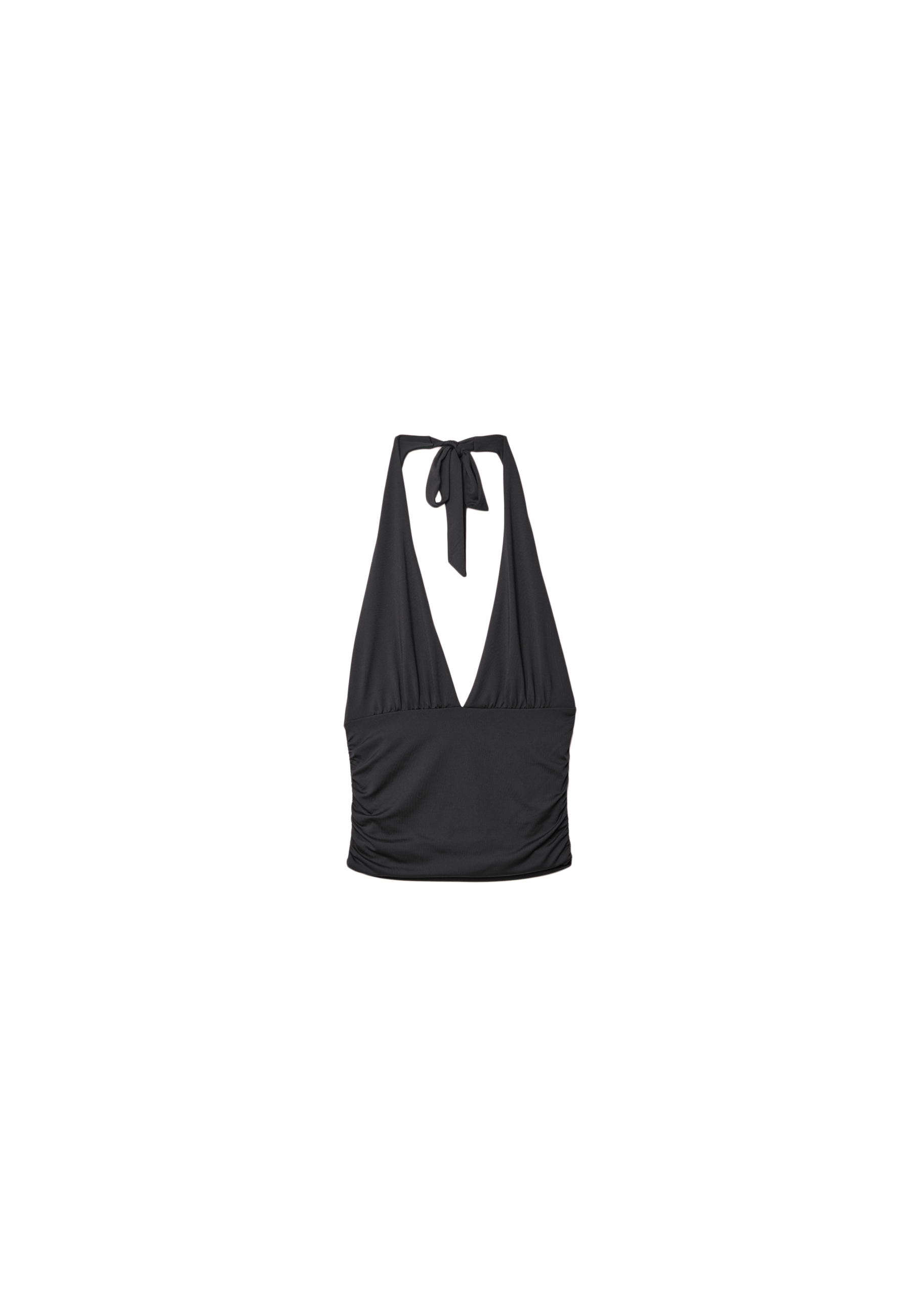 Ruched halter top with neck tie — Black