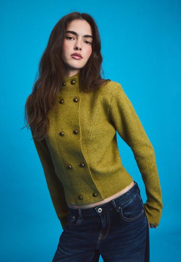 Double-breasted funnel neck knit jumper — Olive green 1