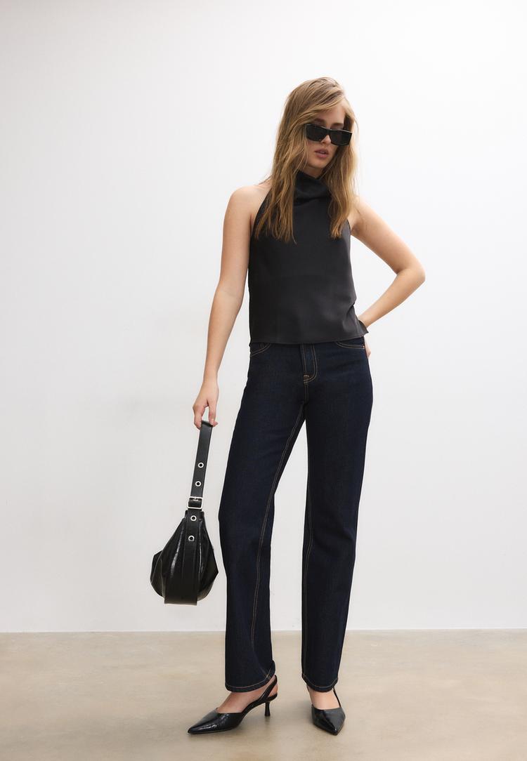 Stradivarius Τοπ Σατέν Λαιμόκοψη Halter Μαύρο M