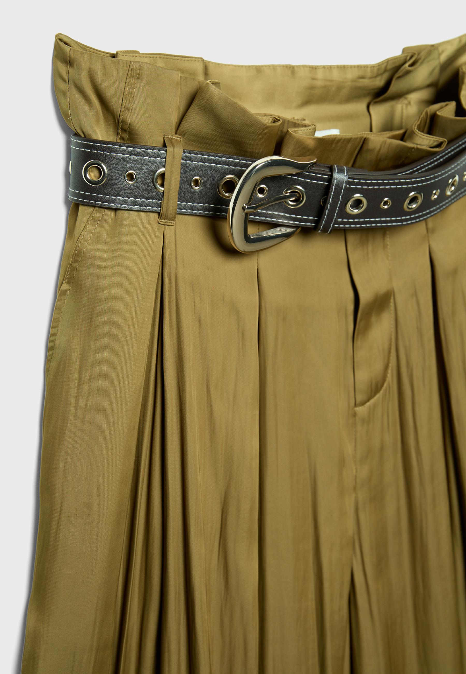 Satin sarouel trousers with belt — Olive green