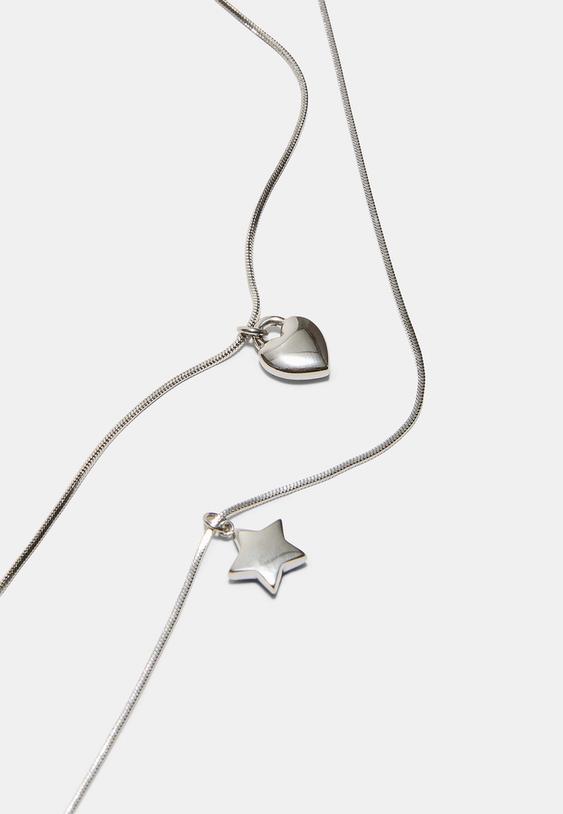 Stradivarius Set Of 2 Waterproof Star & Heart Necklaces Grey Os