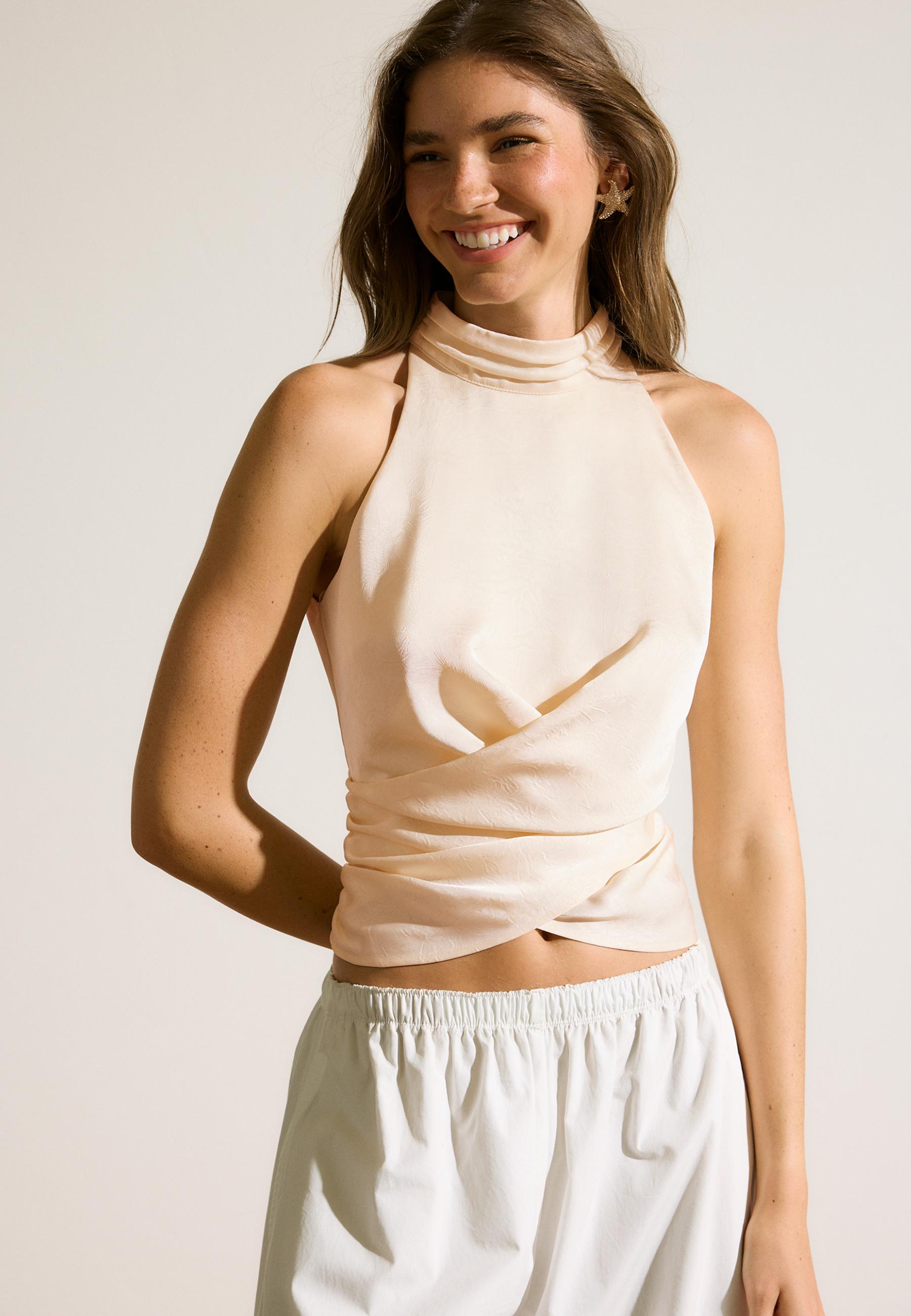 Satin halter neck top with ruching — Vanilla