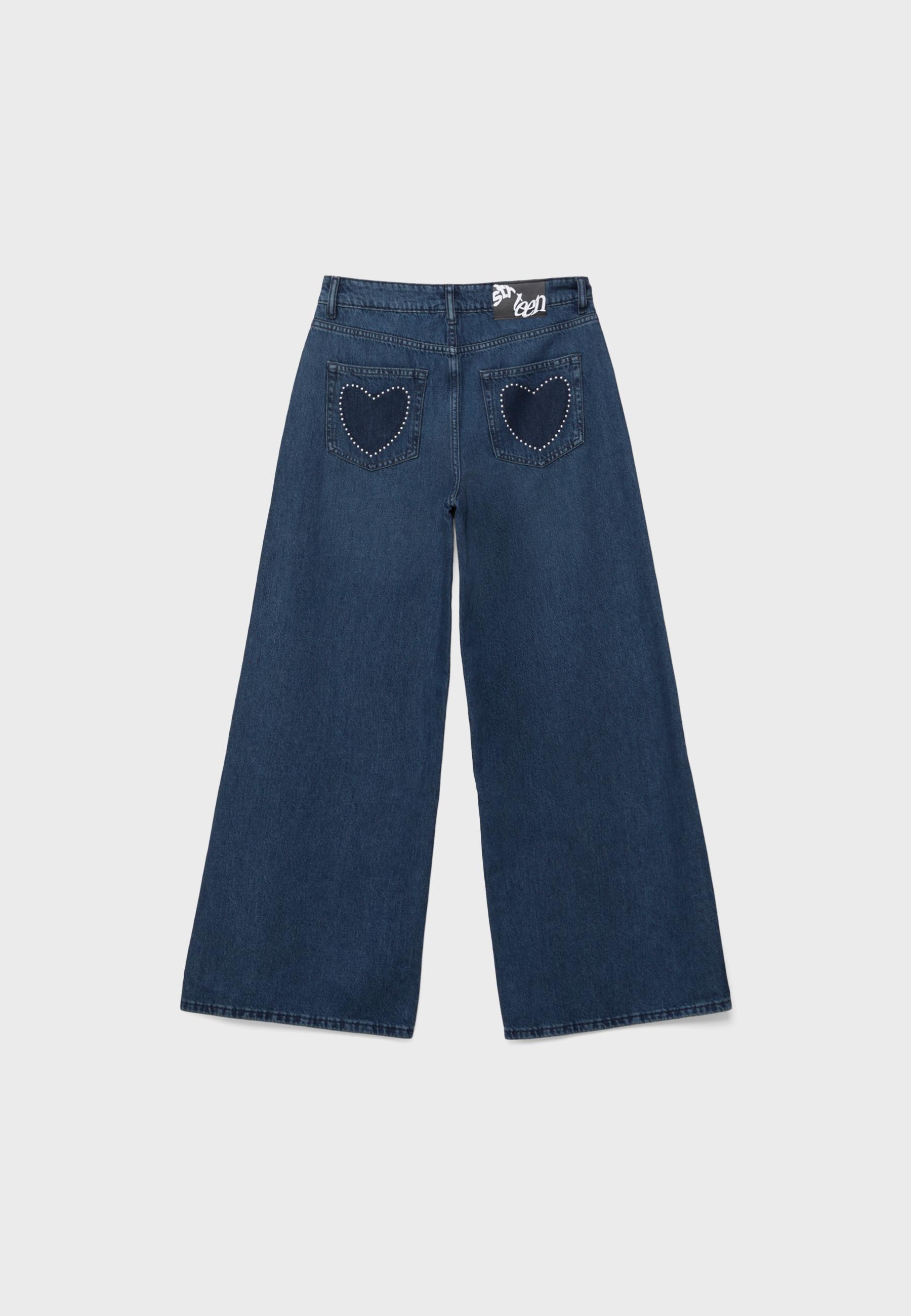 Wide-leg jeans with heart studs — BLACK DENIM WASHED EFFECT