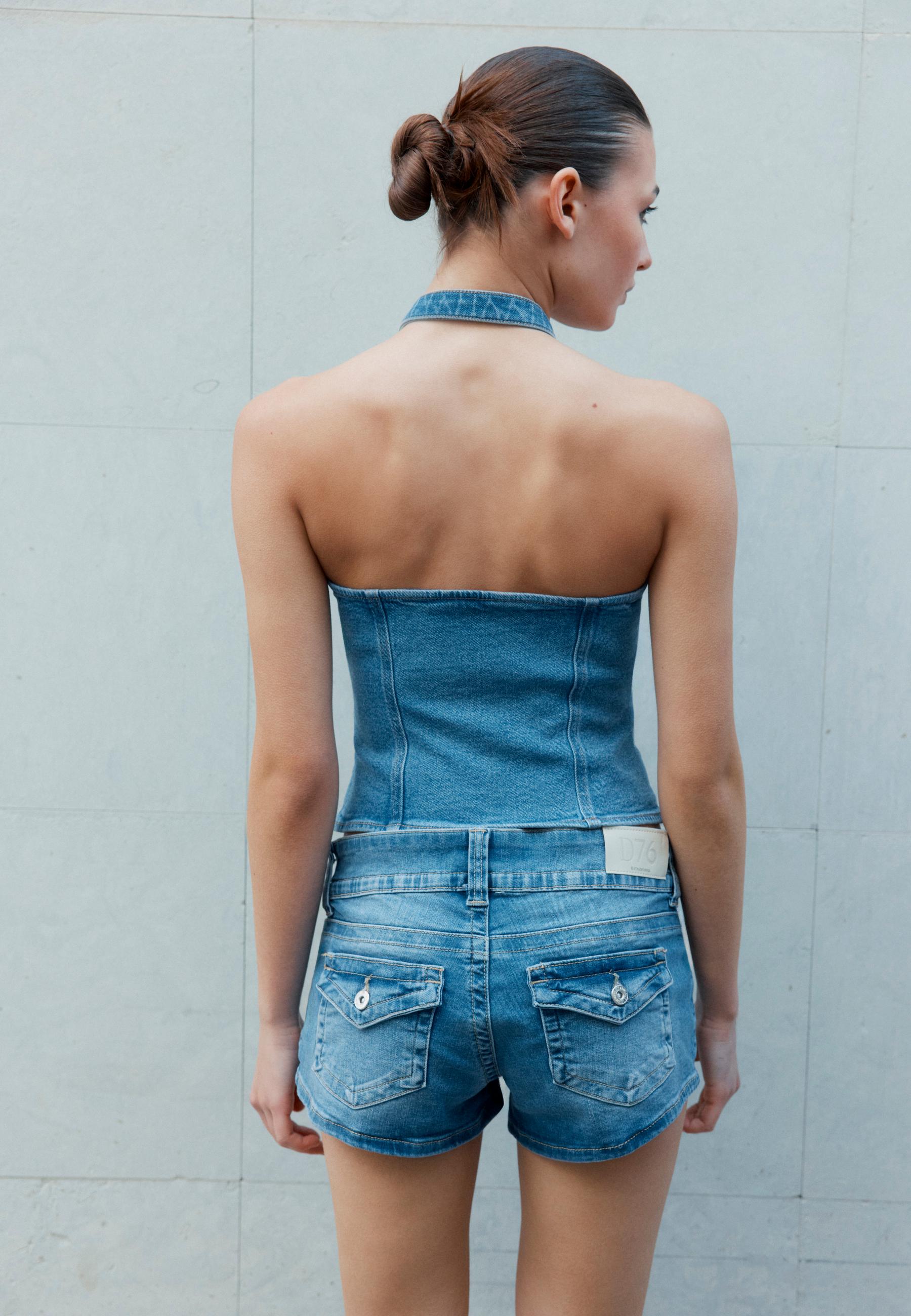 Qipao halter denim top — MEDIUM LIGHT BLUE DENIM