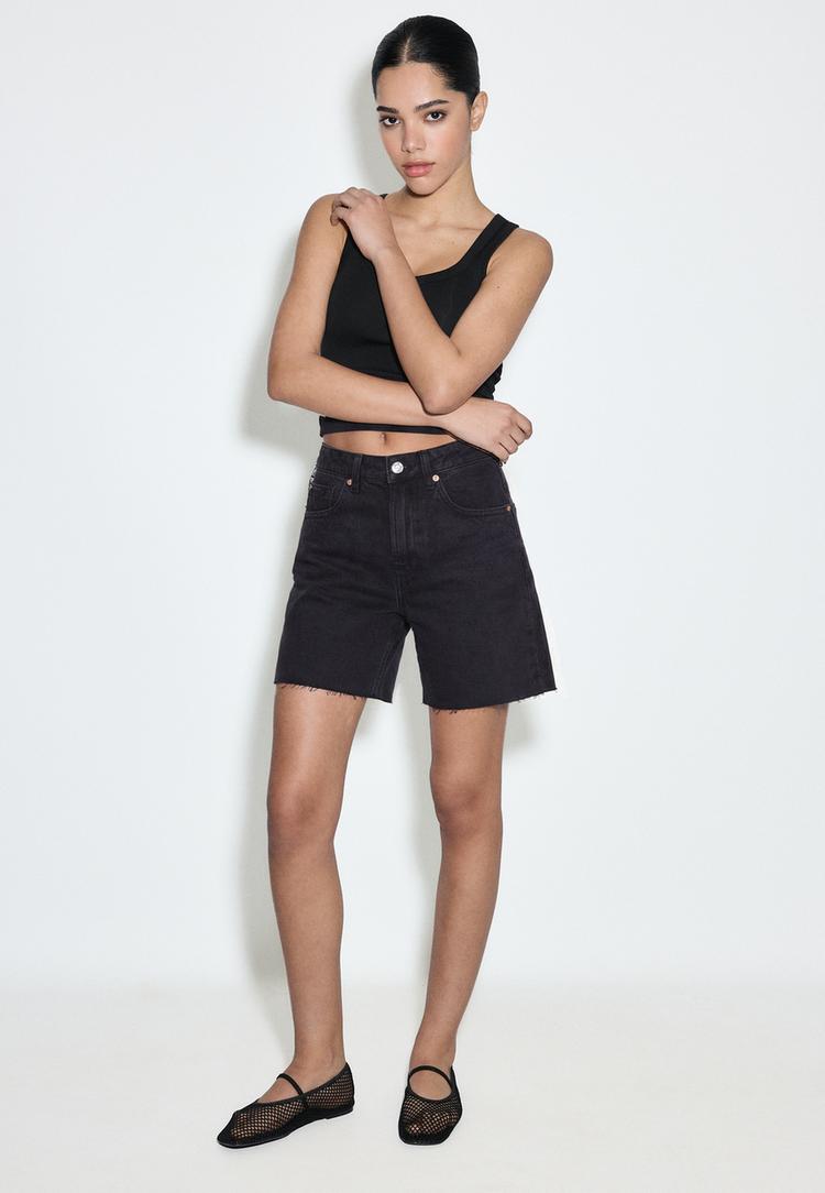 Stradivarius D93 Longline Denim Short Zwarte Denim Wassing 44